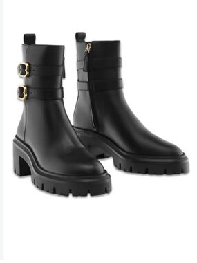 Massimo Dutti Black Leather Chunky Buckle Ankle Boots